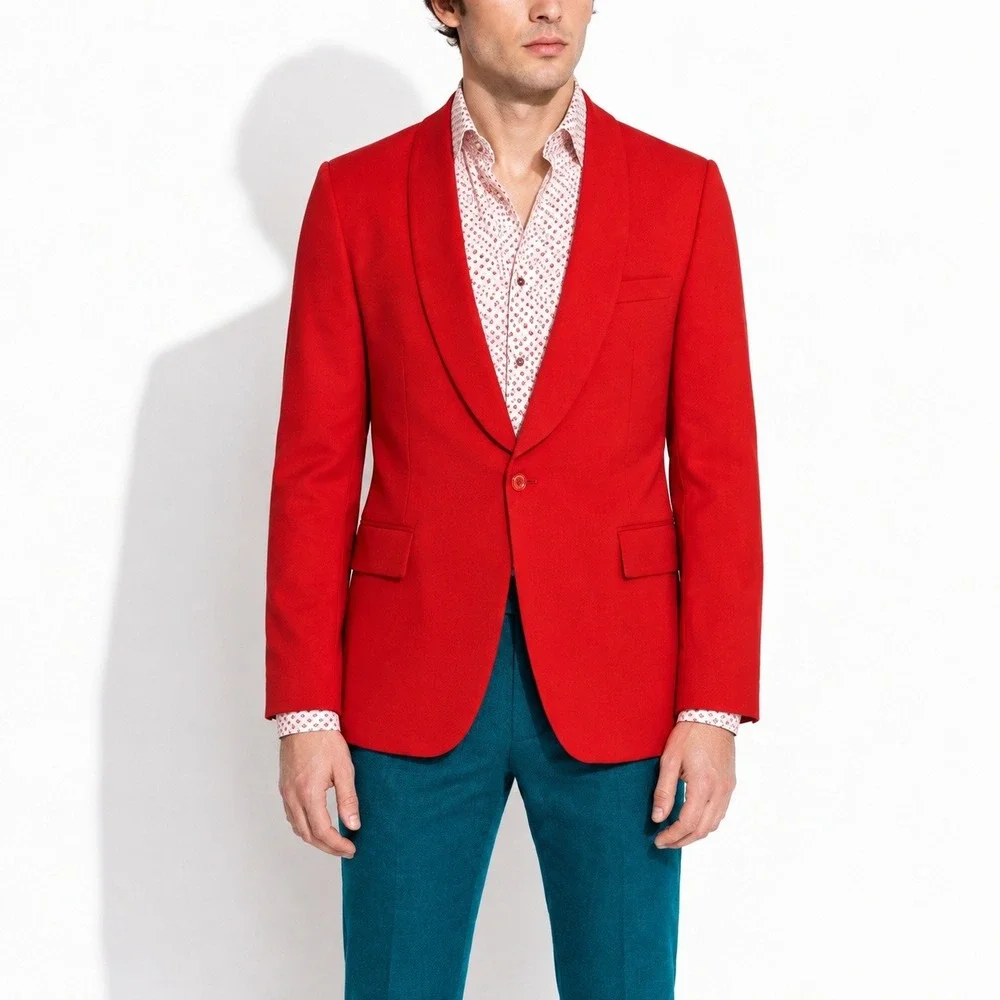 90s Vintage Bill Blass Red Blazer Mens 40R Shawl Lapel 1 Button Formal Jacket